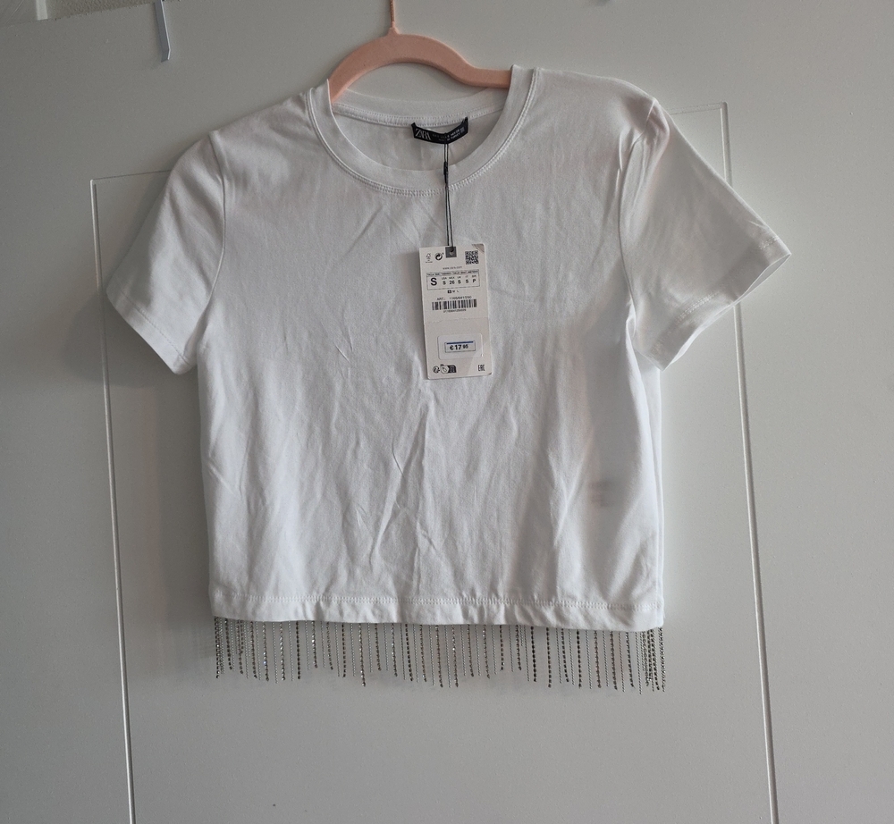 Zara Kids White Short Sleeve Tee with Chain Fringe Hem